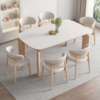 法式原木奶油风实木岩板餐桌椅组合客厅家用白蜡木长方形全托饭桌