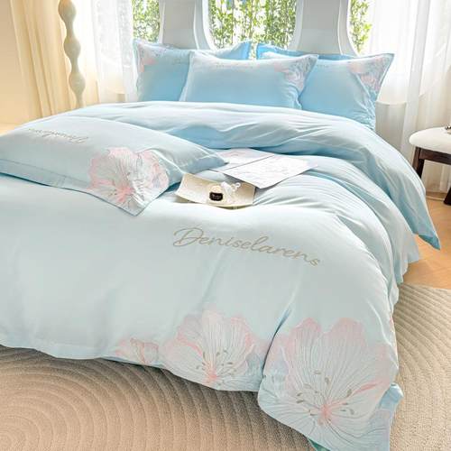 2025新款加密水洗棉绣花四件套花语系列1.5m床单款四件套天空蓝