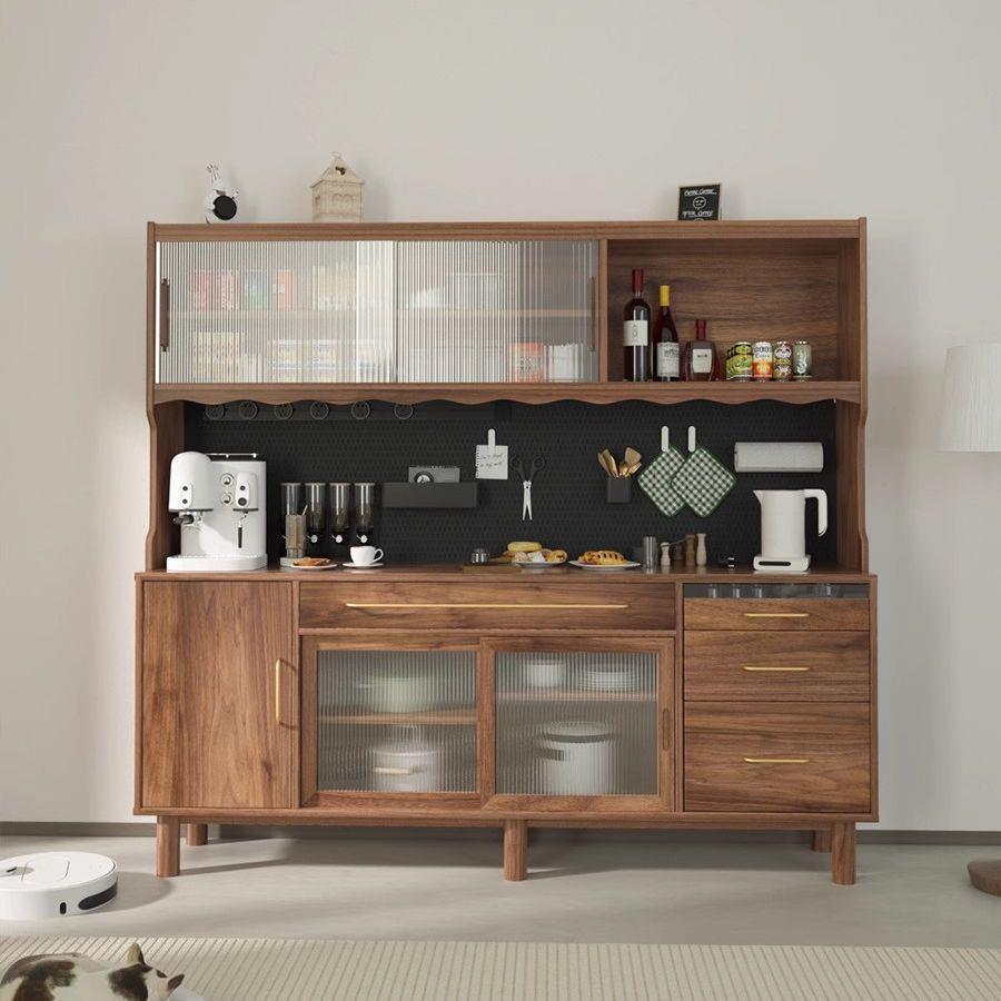 北美黑胡桃木实木餐边柜靠墙边柜简约玻璃现代轻奢厨房置物收纳柜