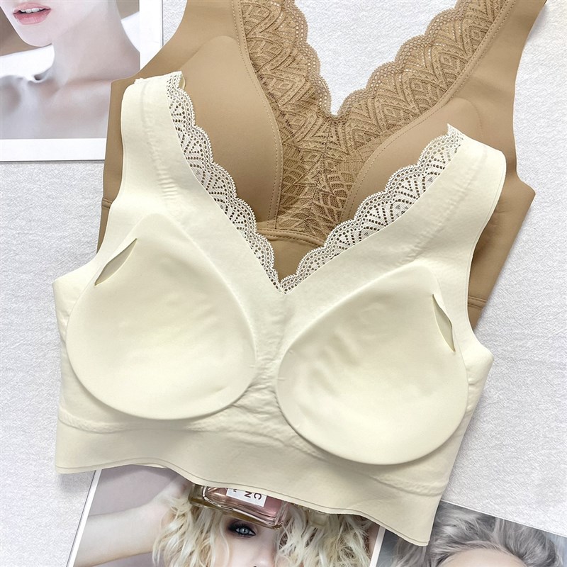 蕾丝V领背心式美背内衣女士薄款聚拢收副乳无钢圈睡眠运动文胸罩