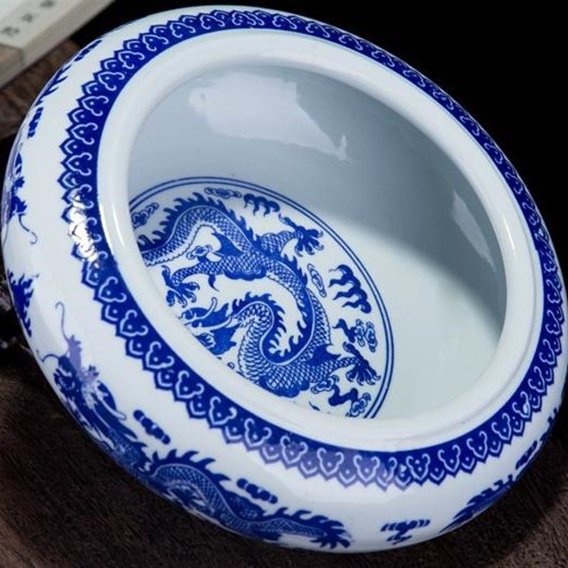 景德镇装饰烟灰缸大容量家用客厅老式龙纹加厚青花瓷笔洗花盆鱼缸
