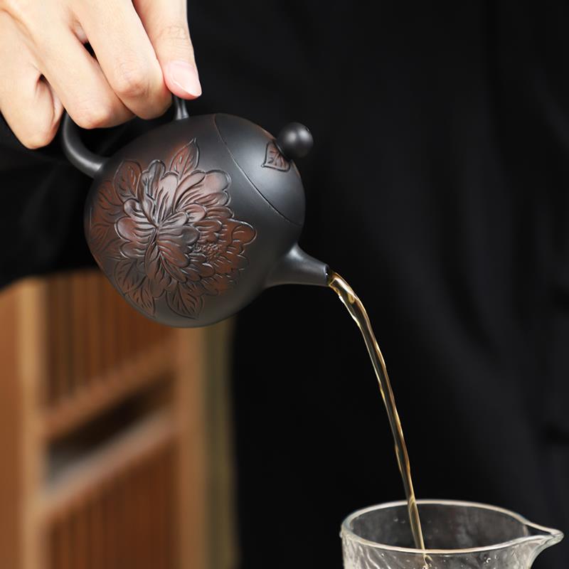 原矿紫陶茶壶纯手工浮雕工艺牡丹龙蛋壶可提可转中式复古茶壶茶具