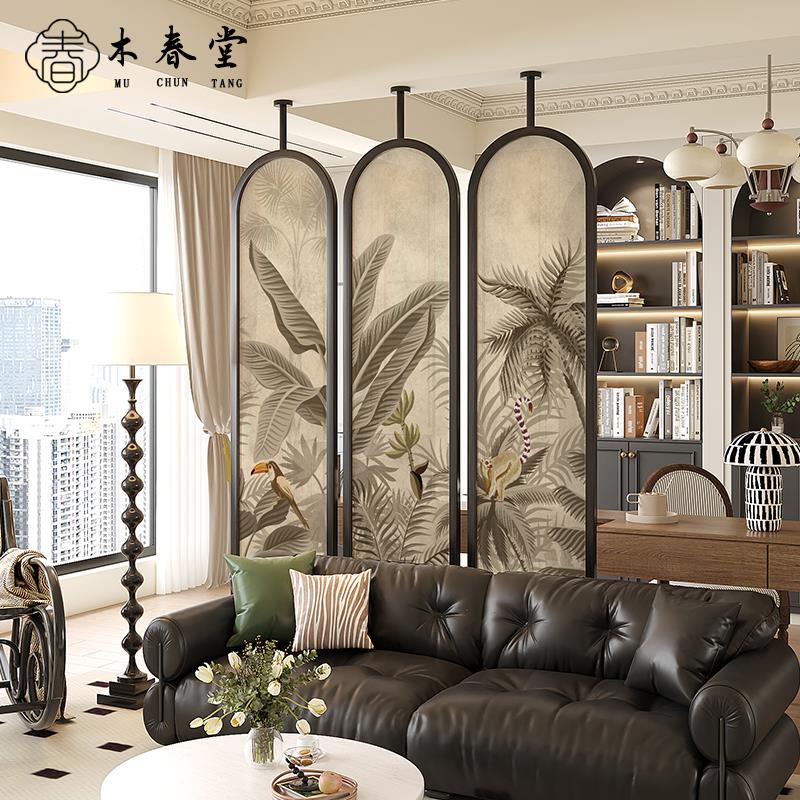 法式客厅屏风隔断中古沙发背景墙可旋转装饰木质玄关入户门高级感