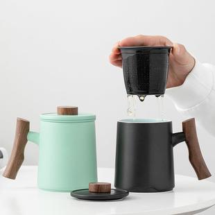 陶瓷木柄茶水分离泡茶杯办公室杯子带盖过滤家用马克杯单个茶道杯