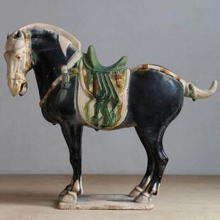高超仿古中国马洛阳唐三彩艺术品中式黑马陶瓷摆件博物馆古玩古董