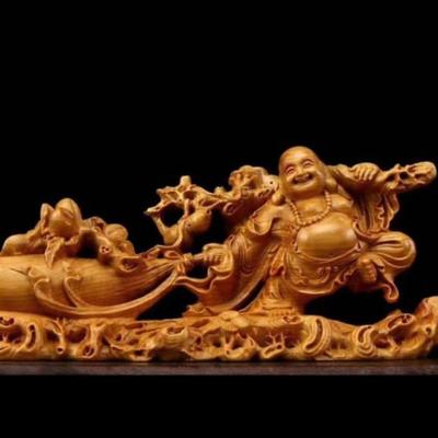 崖柏拉布袋弥勒佛木雕精雕工艺品家居室内书房装饰车摆件实木雕刻