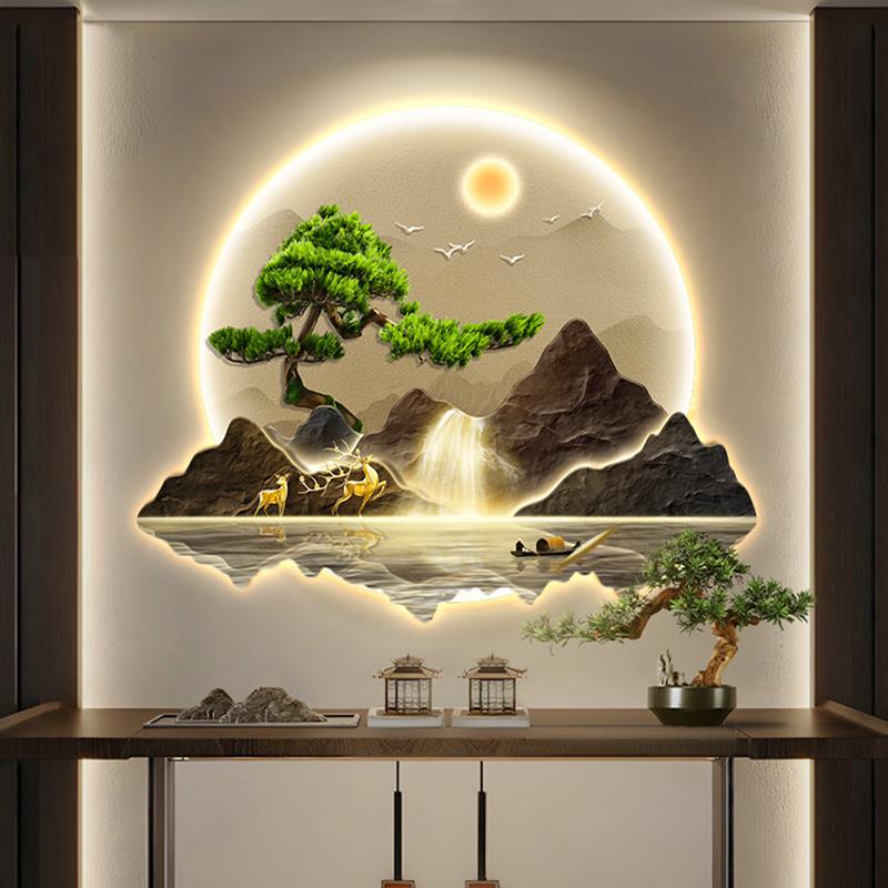 流水生财新中式玄关装饰画入户正对门迎客松壁画led带灯山水挂画