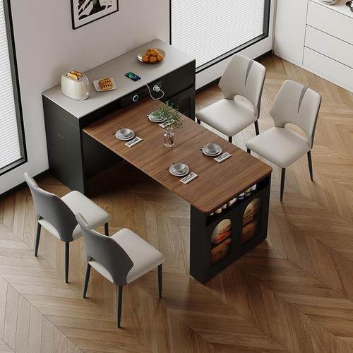 岛台餐桌一体可伸缩折叠家用中古风小户型轻奢高级感多功能小餐桌