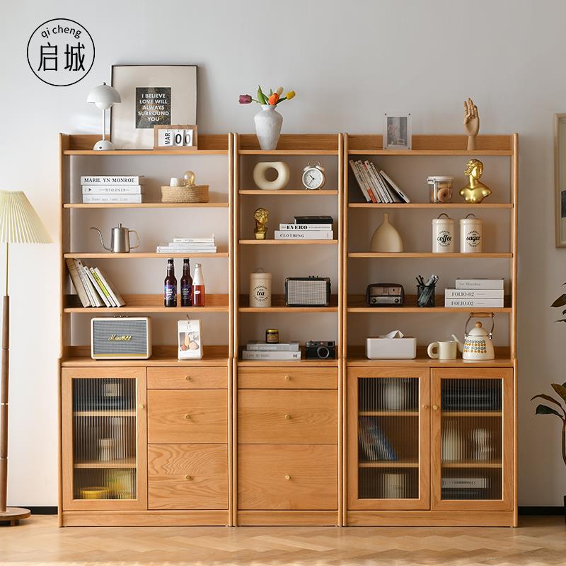 启城新中式实木组合书柜儿童书房书架办公室展示柜背景玄关置物架