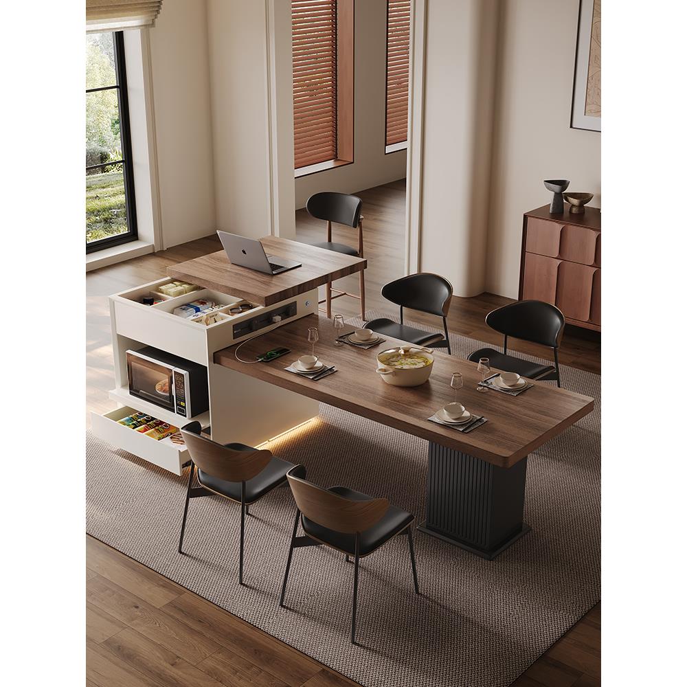 中古风新款岛台餐桌一体可伸缩家用开放式厨房餐厅中倒台高级感