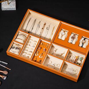 衣柜抽屉式首饰盒绒布高端轻奢手表项链饰品分隔皮收纳盒托盘定制