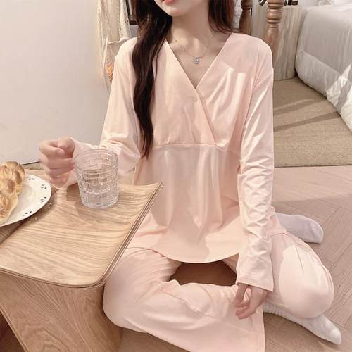 莫代尔孕妇睡衣夏天薄款可调节带胸垫待产套装哺乳套头月子服春秋