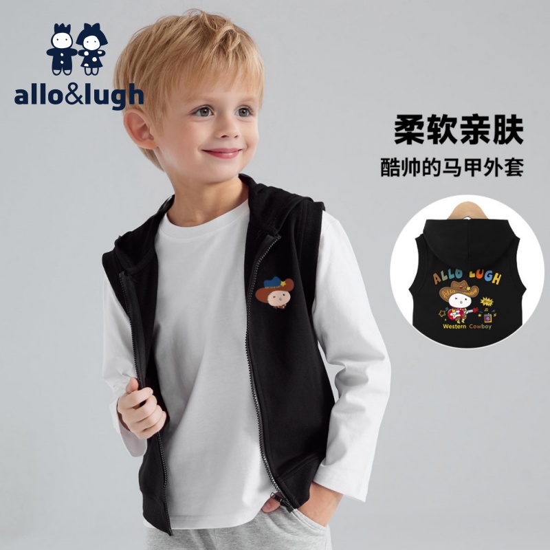 阿路和如童装儿童连帽背心无袖2025年春秋装男童印花马甲外套上衣