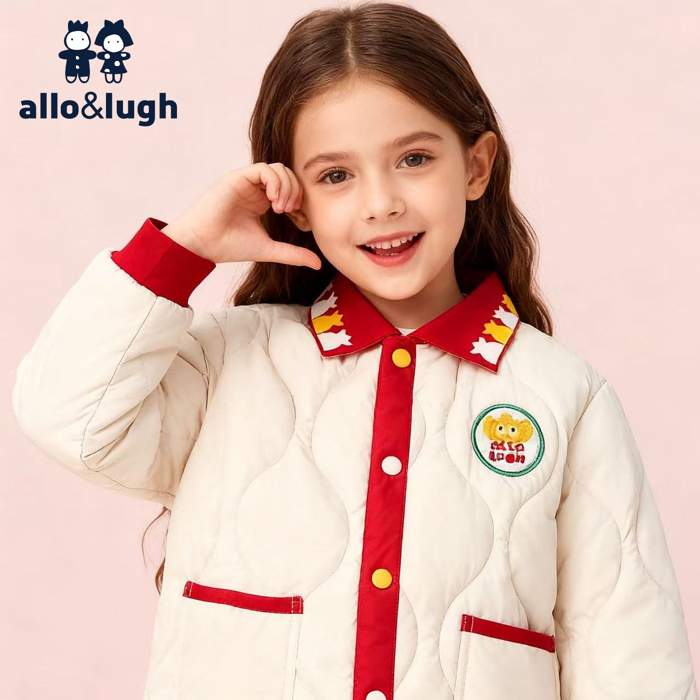 阿路和如女童衬衫外套绗棉allolugh秋冬款卡通翻领厚款棉服棉衣