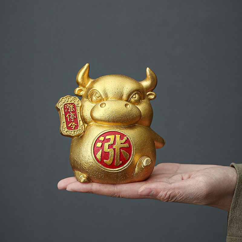 辉道 青砂石茶宠金牛涨停令摆件创意国风新中式送礼办公家居摆件