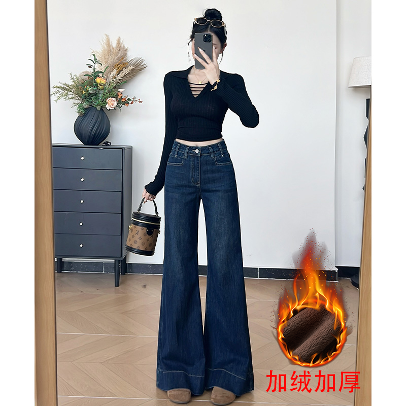 深蓝色微喇阔腿牛仔裤女