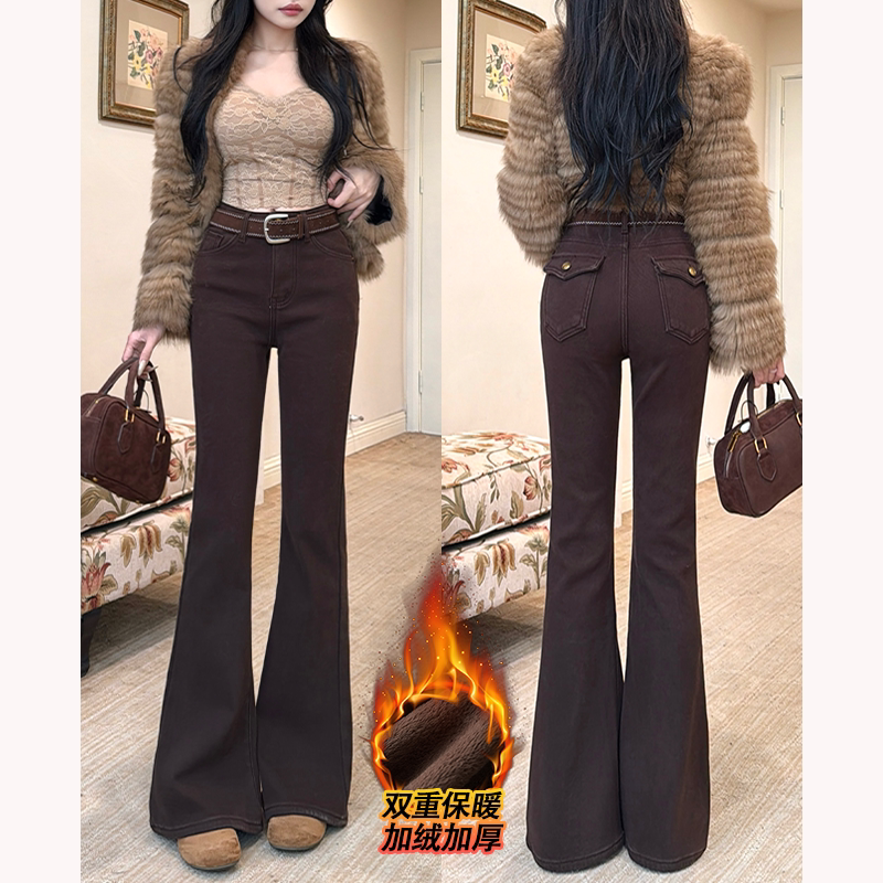 乔栈美拉德风咖色修身喇叭牛仔裤女秋冬加绒加厚高腰提臀显瘦微喇