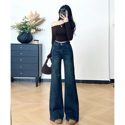 乔栈美式复古刺绣设计不贴腿微喇阔腿牛仔裤女秋季新款小个子喇叭