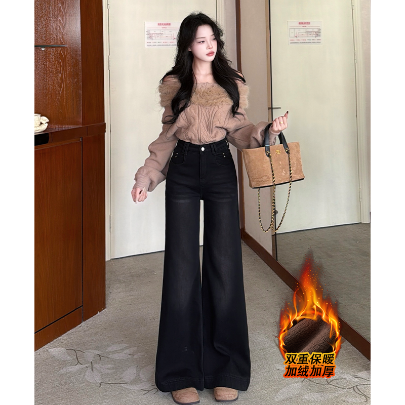 乔栈2025秋冬黑色加绒设计感不贴腿微喇牛仔裤女高腰宽松阔腿长裤,女装/女士精品,牛仔裤,淘宝优惠券,粉丝福利购,淘宝优惠卷