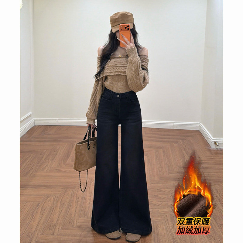 乔栈黑色气质喇叭阔腿牛仔裤女秋冬加绒加厚高腰宽松遮肉显瘦微喇,女装/女士精品,牛仔裤,淘宝优惠券,粉丝福利购,淘宝优惠卷