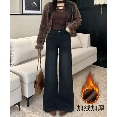 乔栈黑色微喇加绒牛仔裤女2025秋冬季爆款高腰宽松显瘦小个子长裤