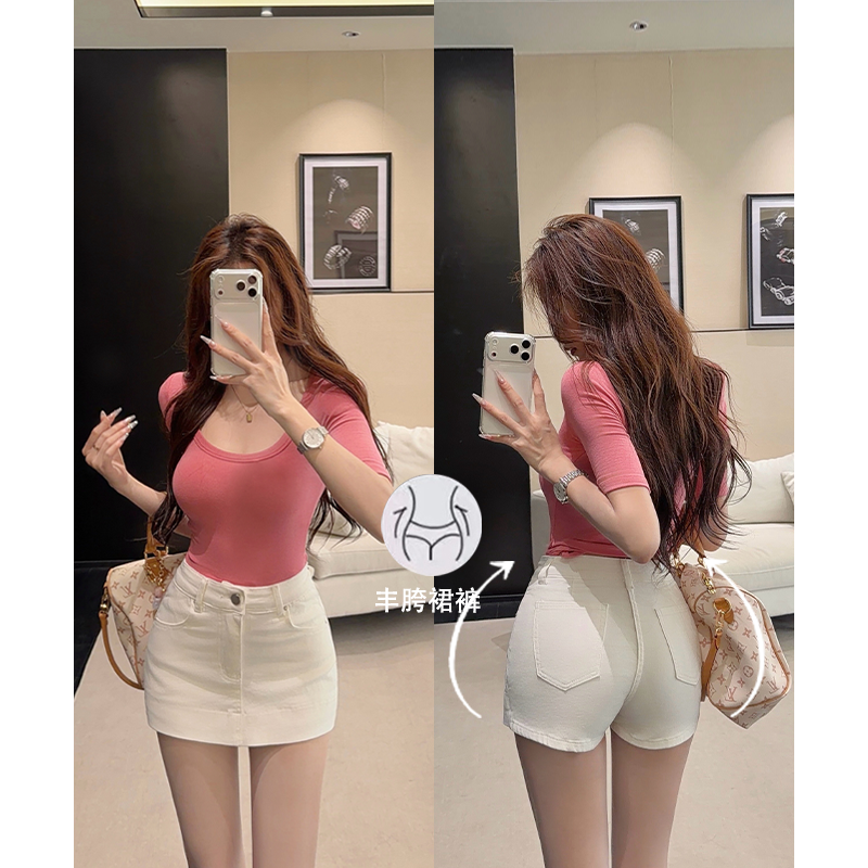 乔栈白色韩女纯欲丰胯牛仔裤裙女夏季新款前裙后裤防走光性感裙裤