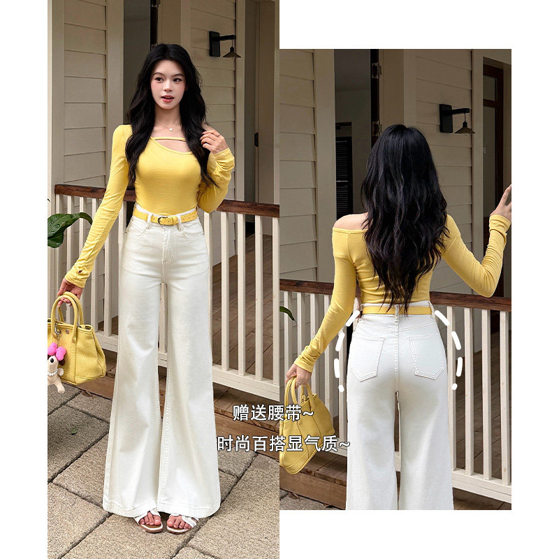 乔栈白色莱赛尔天丝不贴腿微喇牛仔裤女秋季爆款凉感显瘦垂感喇叭