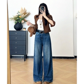 乔栈秋冬新款 女高腰设计感显瘦垂感百搭小个子直筒 复古阔腿牛仔裤