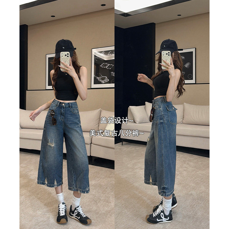 乔栈夏季爆款复古蓝美式破洞八分阔腿牛仔裤女显瘦百搭直筒汽水裤图片