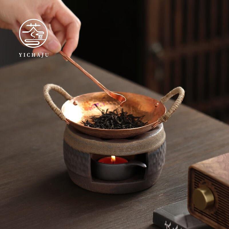 复古烘茶器手工炒泡茶炉纯铜蜡烛加热温茶器底座家用醒茶提香烤泡
