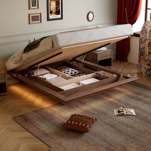 胡桃木全实木齐边悬浮无床头储物床现代简约榻榻米气压高箱收纳床