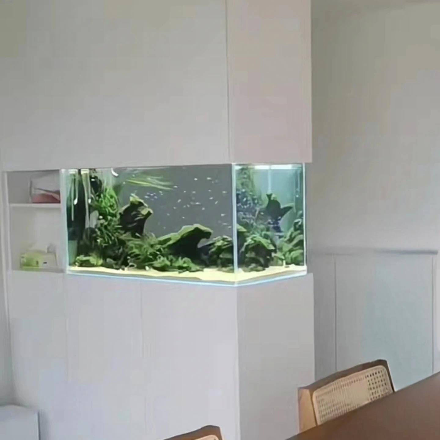 定制底滤鱼缸客厅柜面嵌入一体屏风缸水族箱窄长超白玻璃缸溪流缸