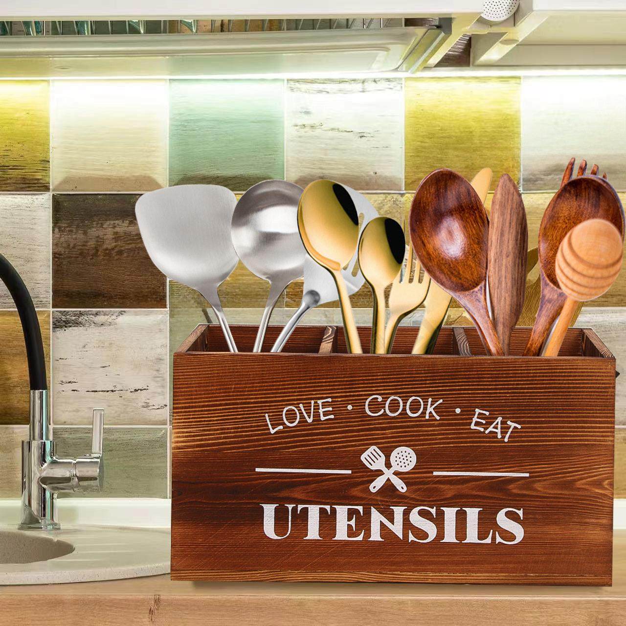 木质餐具收纳盒刀叉分格覆古整理盒储物盒厨具厨房桌面实木置物架