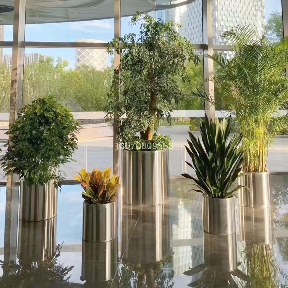 不锈钢花盆 金属花瓶 落地大花器 绿植盆套 圆形花盆花箱 现货