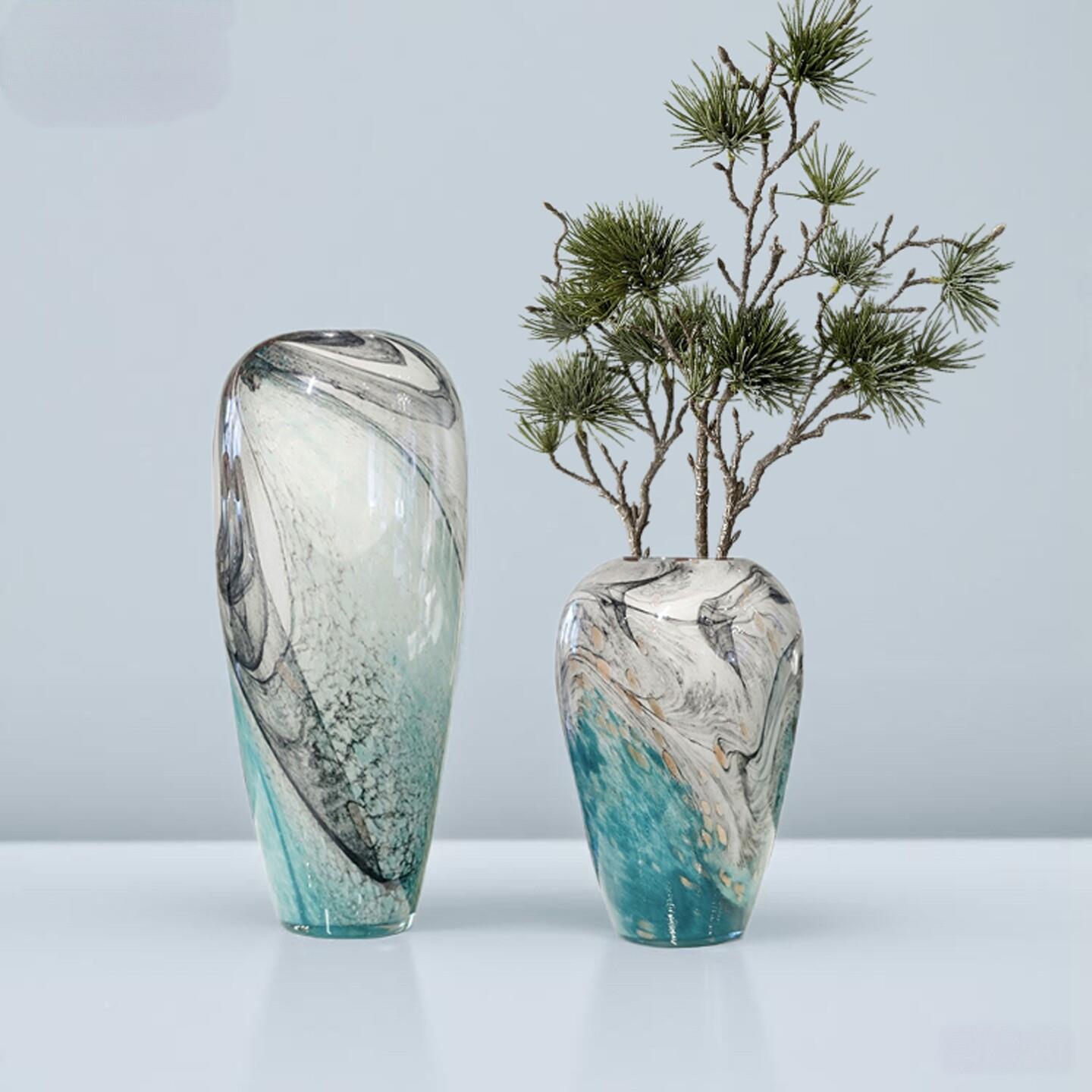 轻奢水墨画琉璃花瓶新款玻璃花器客厅落地摆件餐厅插花水培装饰品