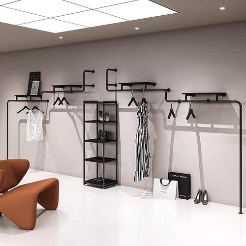 服装店展示架上墙简约铁艺黑色多层挂衣架组合专用女装店衣服货架