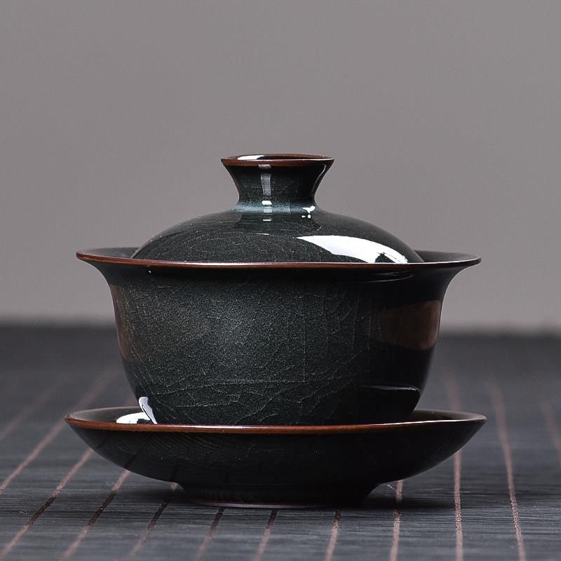 青瓷三才盖碗龙泉哥窑铁胎冰裂纹茶碗陶瓷功夫茶具泡茶碗家用复古