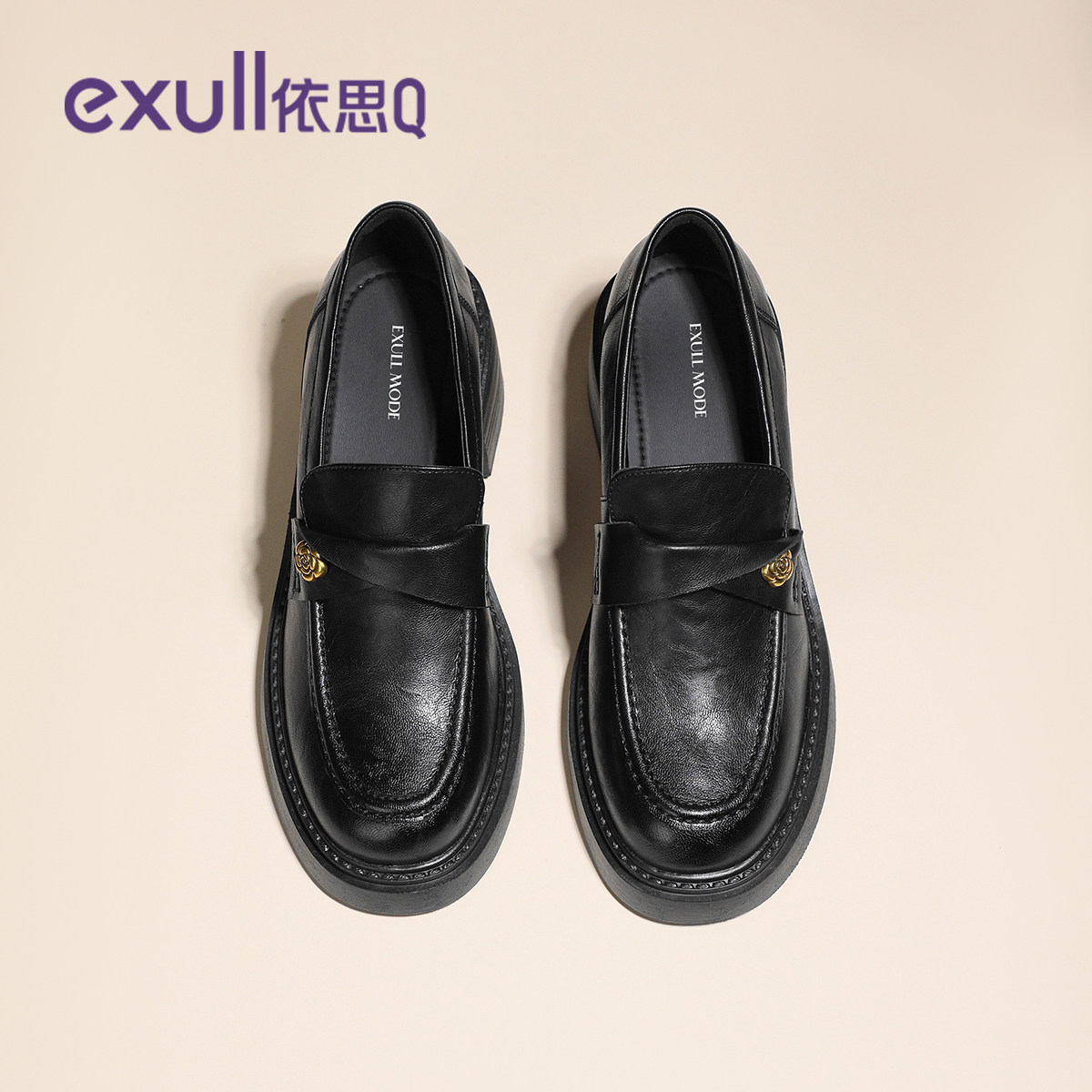 依思q高跟乐福鞋女2025新款英伦风山茶花小皮鞋女款粗跟黑色单鞋,女鞋,乐福鞋（豆豆鞋）,淘宝优惠券,粉丝福利购,淘宝优惠卷