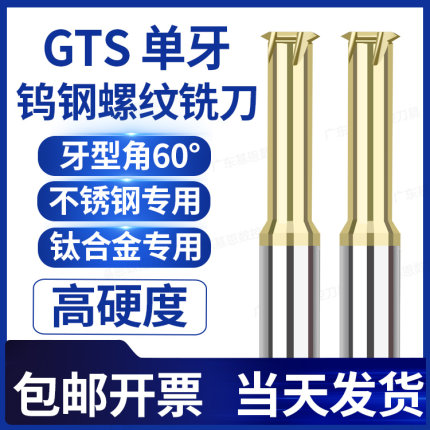 德国GTS高硬单牙钨钢螺纹铣刀单齿加长铣牙刀三牙涂层不锈钢专用
