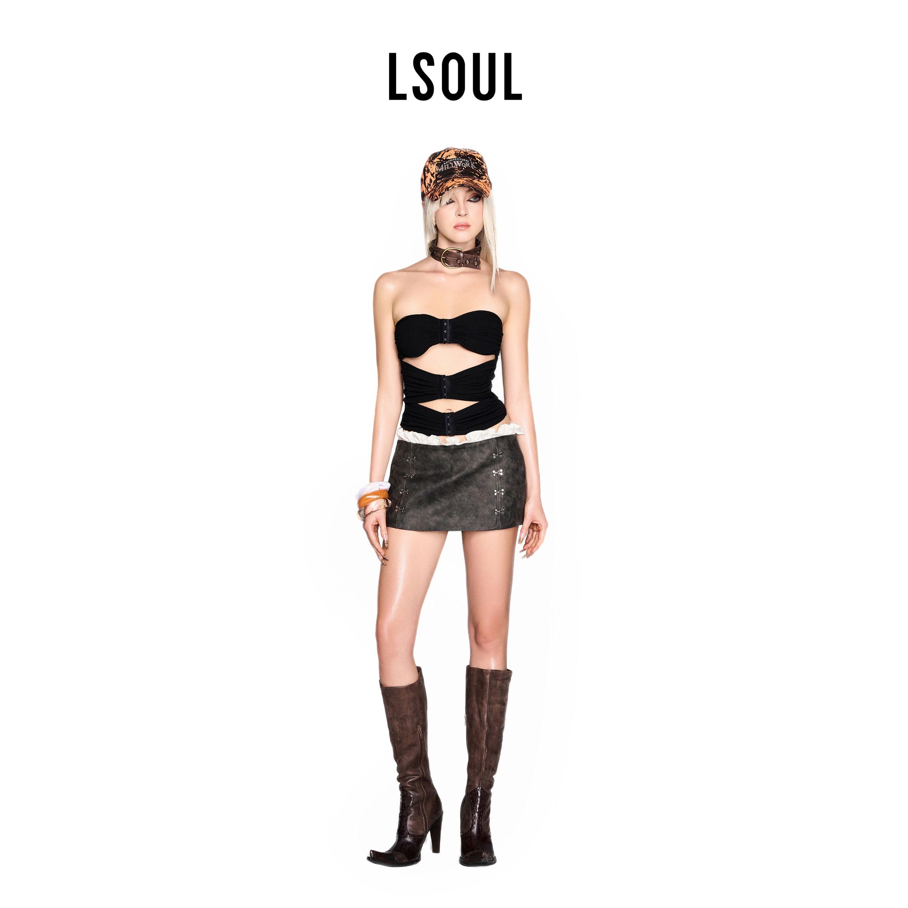 LSOUL黑色抹胸露背镂空通勤短款修身包臀裙裤套装LONIE图片