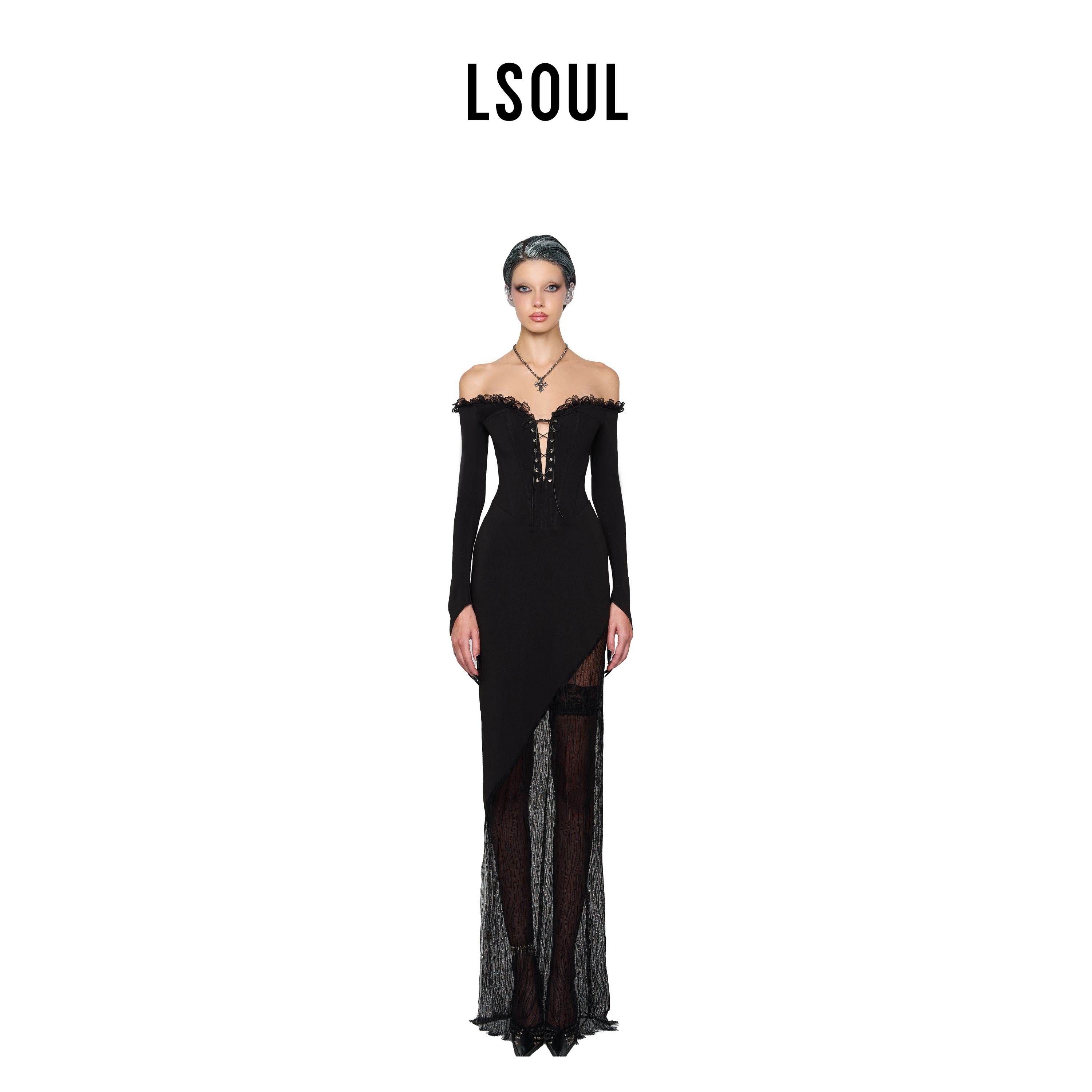 LSOUL 黑色挂脖连衣裙女绑带露肩高腰修身性感女神气质长裙图片