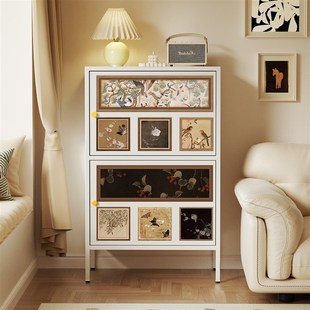 奶油风铁皮斗柜客厅收p纳柜靠墙置物柜设计感餐柜卧室玄关收纳柜