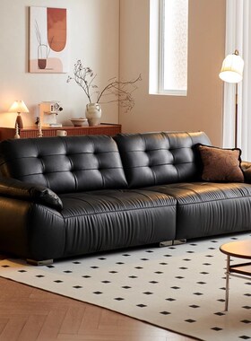云朵真皮沙发意式极简小户型现代客厅黑色中N古复古风三人直排公