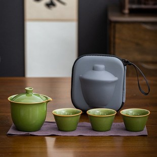 便携式 创意汝窑开片快客杯一壶三u杯旅行茶具套装 商务伴手礼品特