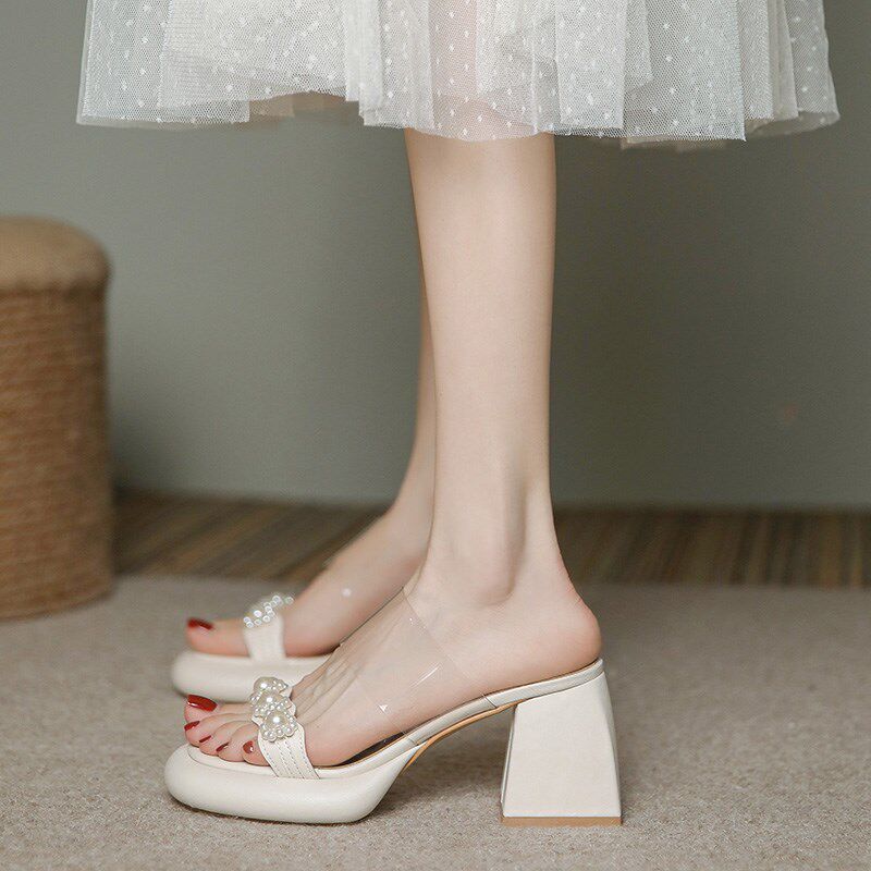 法式小凉拖外穿2024年新款夏仙女风粗跟拖鞋小众高级感厚底高跟鞋