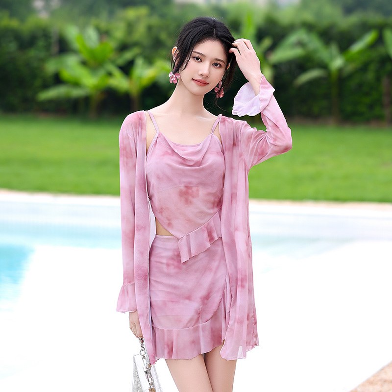 韩版泳衣女分体三件套罩衫外罩长袖微胖显瘦钢圈聚拢扎染泡温泉