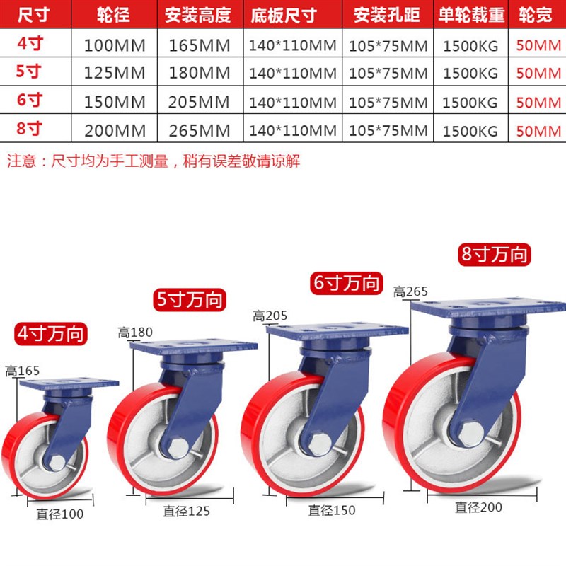 超重型万向轮4寸5寸6寸8寸聚氨酯PU脚轮带刹车耐磨手推车轮子轱辘