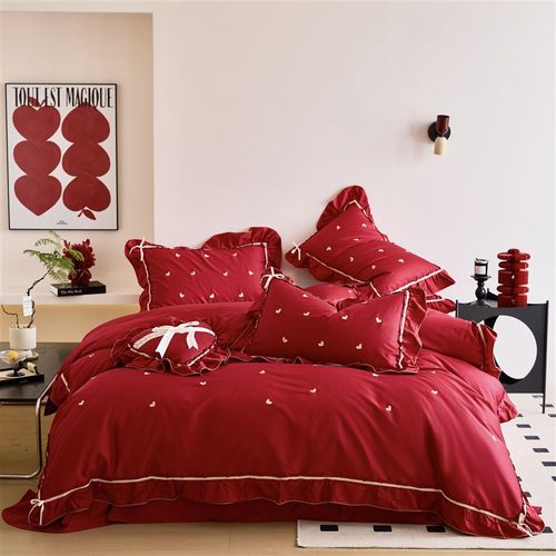 法式爱心100S长绒棉全棉婚庆四件套红色刺绣结婚纯棉婚房床上用品
