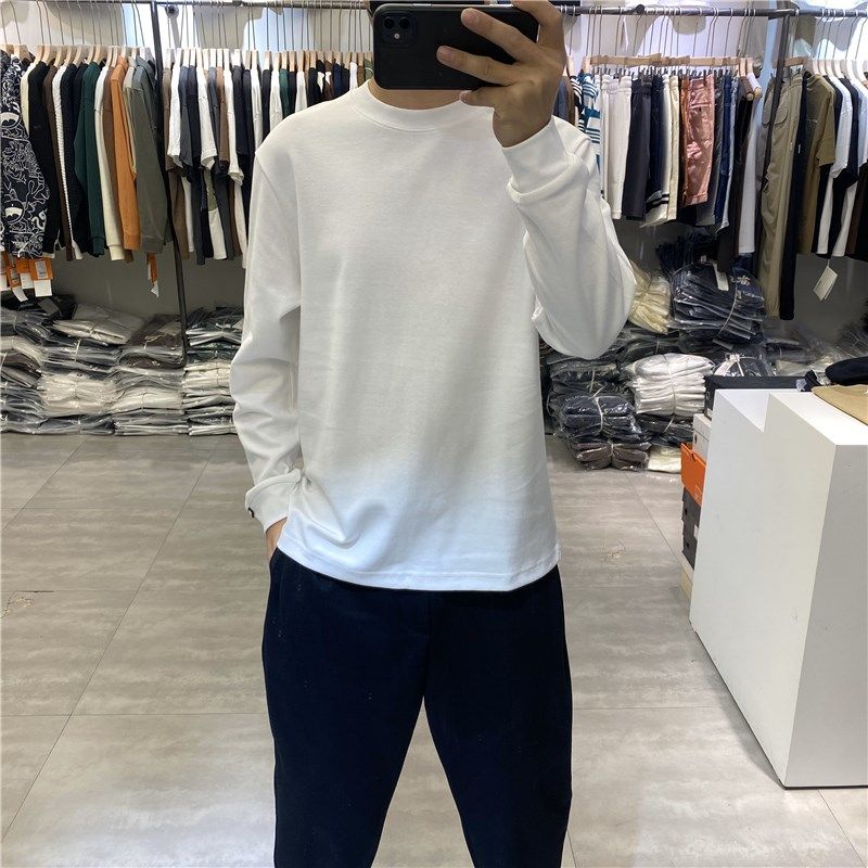 韩版时尚休闲全棉男基本款纯色圆领长袖T恤潮流百搭帅气打底t恤