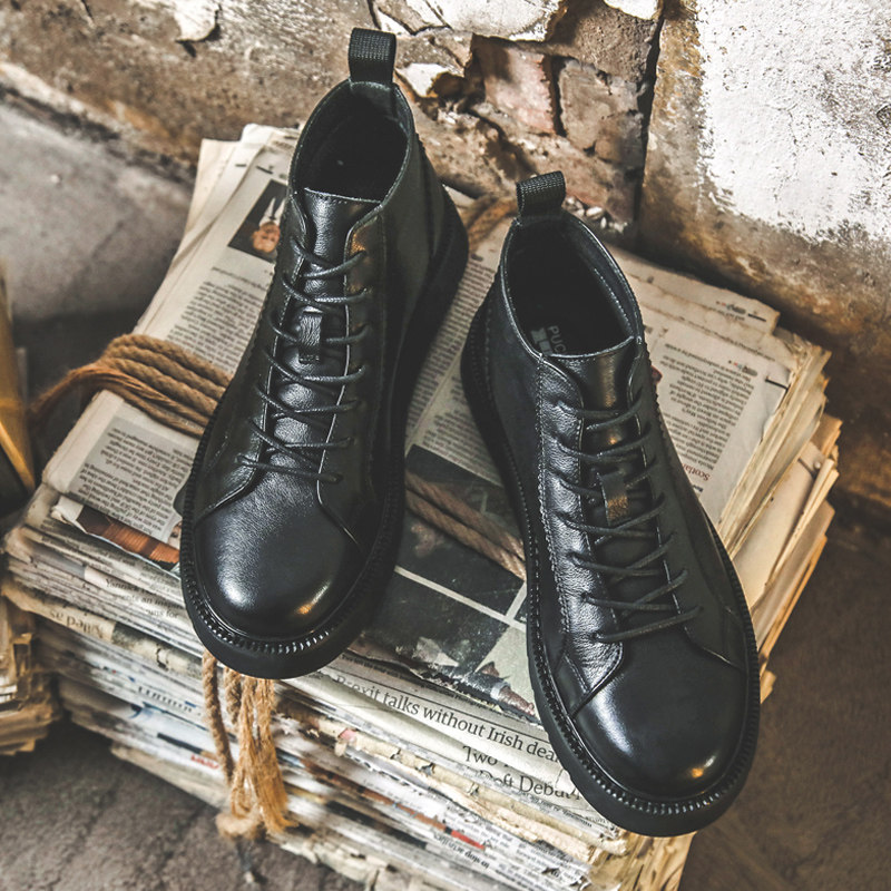 男鞋中帮马丁靴男工装英伦风冬季加绒黑色高帮皮鞋潮流低帮短靴子